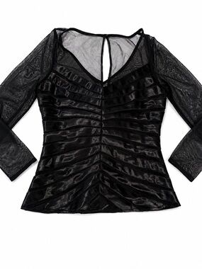 Dress Barn Black Sheer Mesh and Satin Stripe V-Neck Top
